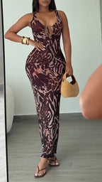Women Strapless Sleeveless Printed Waist Cinching Sexy Temperament Dress