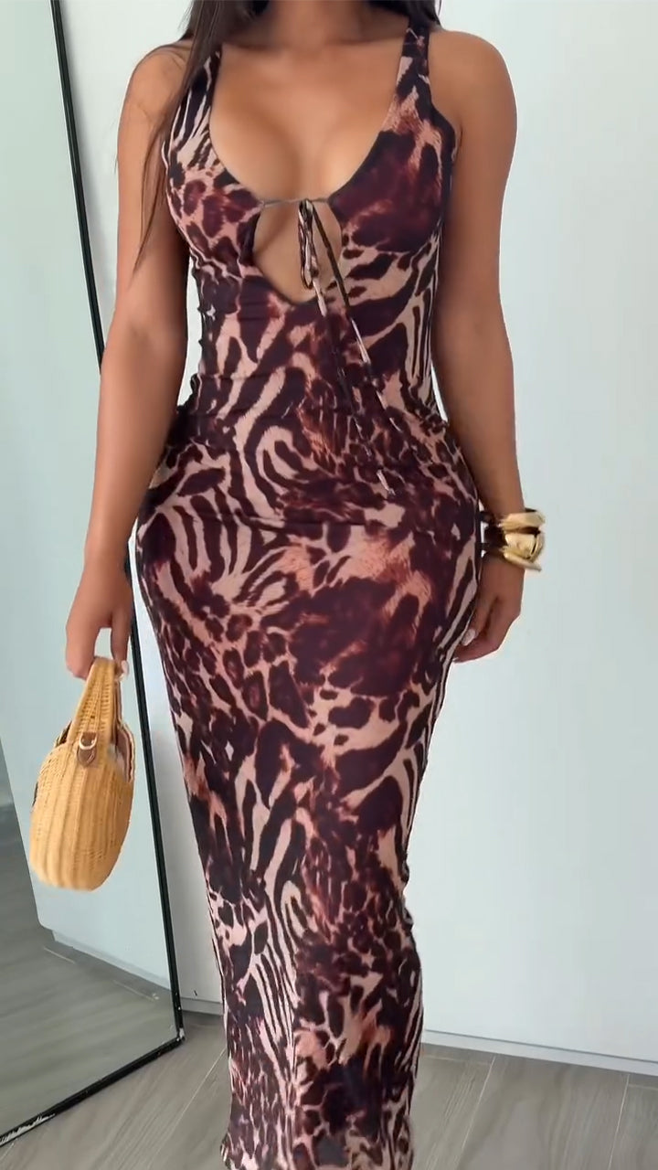Women Strapless Sleeveless Printed Waist Cinching Sexy Temperament Dress