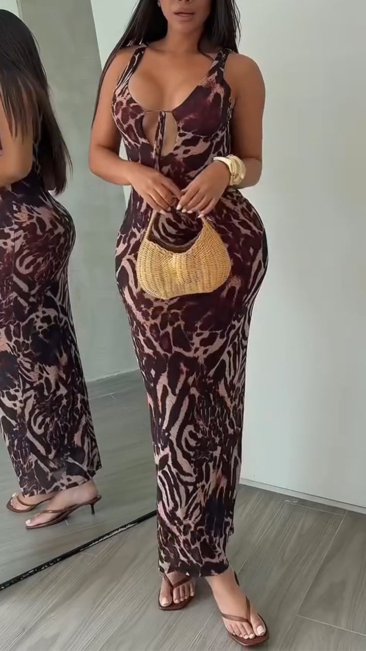 Women Strapless Sleeveless Printed Waist Cinching Sexy Temperament Dress