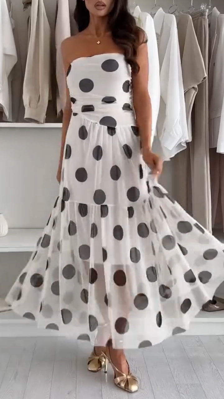 Women Strapless Patchwork Polka Dot Elegant Casual Dress