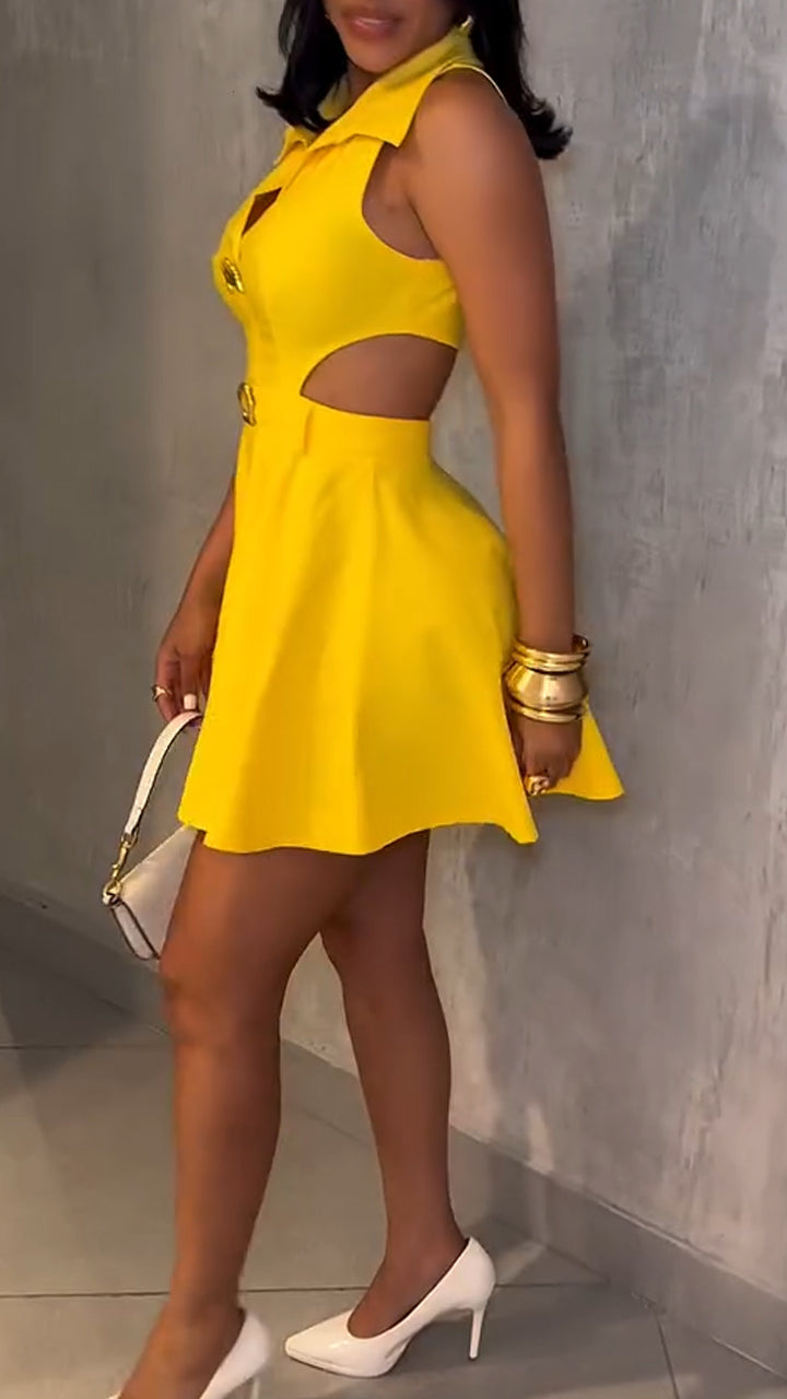 Women Collar Patchwork Hollow Casual Dress
