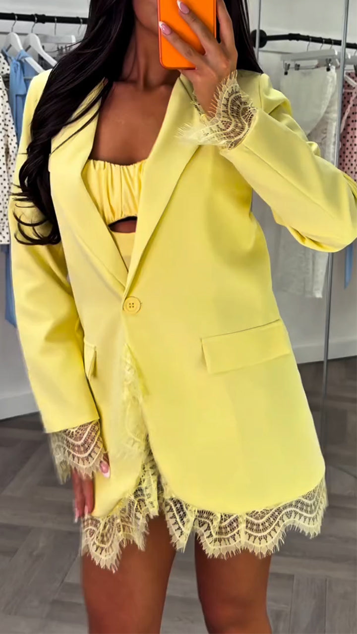 Women Collar Patchwork Lace Print Temperament Commuting Jacket