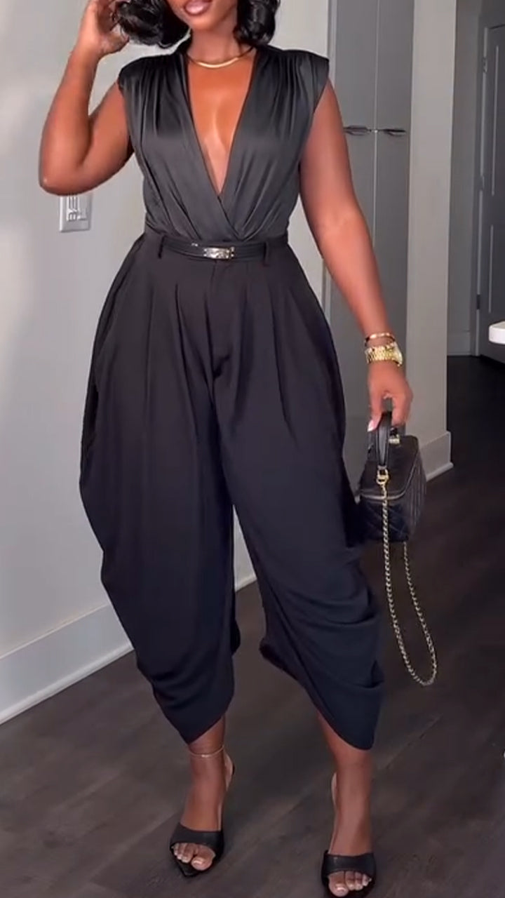 Women Deep V-neck Top + Pants Casual Outfit with Temperament
