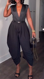 Women Deep V-neck Top + Pants Casual Outfit with Temperament