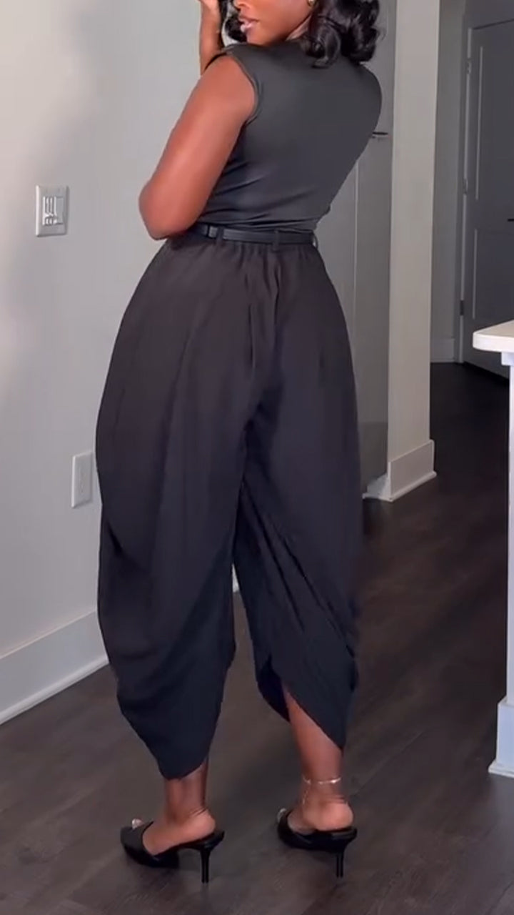 Women Deep V-neck Top + Pants Casual Outfit with Temperament