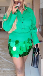Women Collar Shirt + Sequin Patchwork Half Skirt Temperament Casual Set