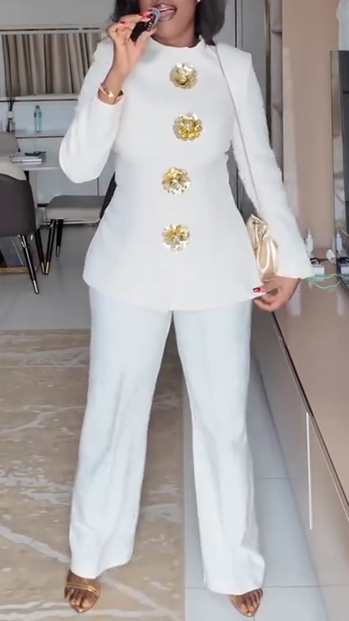 Women Round Neck Gold Flower Button Jacket + Pants Temperament Commuting Set