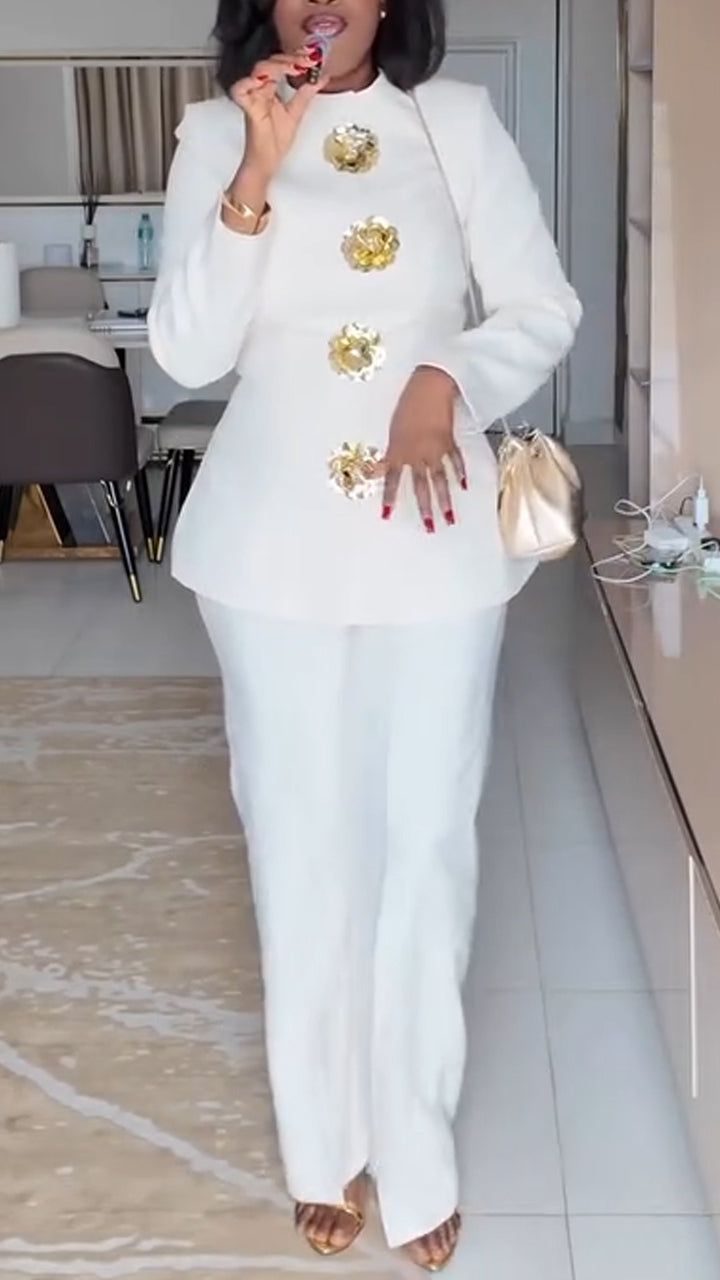 Women Round Neck Gold Flower Button Jacket + Pants Temperament Commuting Set