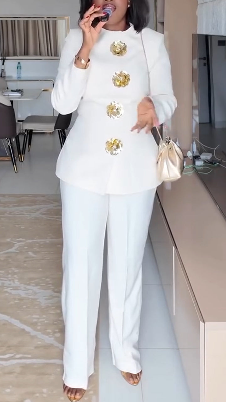 Women Round Neck Gold Flower Button Jacket + Pants Temperament Commuting Set