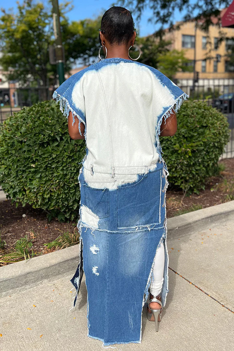 Women's Fashion Denim Patchwork Sleeveless Ruffle Edge Ripped Slit Long Jacket
