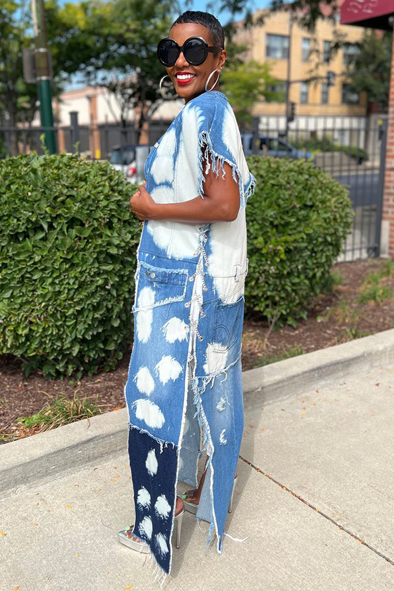 Women's Fashion Denim Patchwork Sleeveless Ruffle Edge Ripped Slit Long Jacket