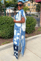 Women's Fashion Denim Patchwork Sleeveless Ruffle Edge Ripped Slit Long Jacket