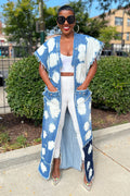 Women's Fashion Denim Patchwork Sleeveless Ruffle Edge Ripped Slit Long Jacket