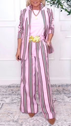 Women Collar Vertical Stripe Jacket + Pants Temperament Commuting Suit