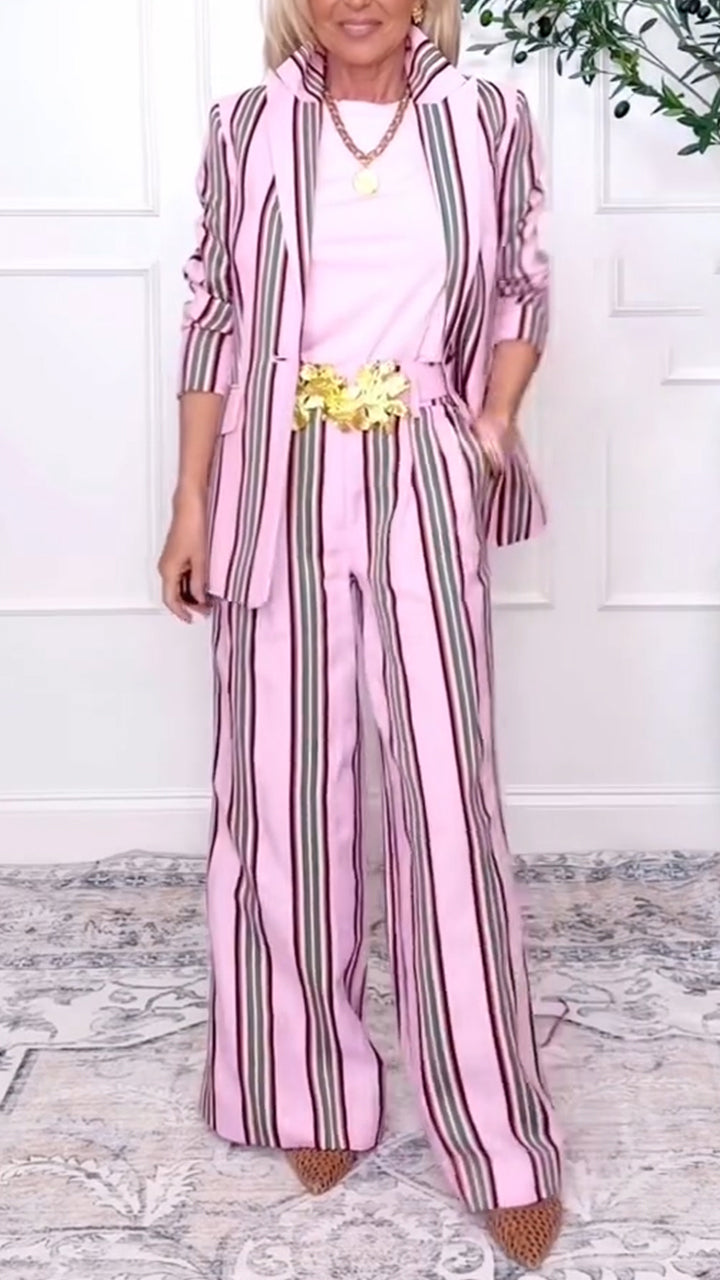 Women Collar Vertical Stripe Jacket + Pants Temperament Commuting Suit