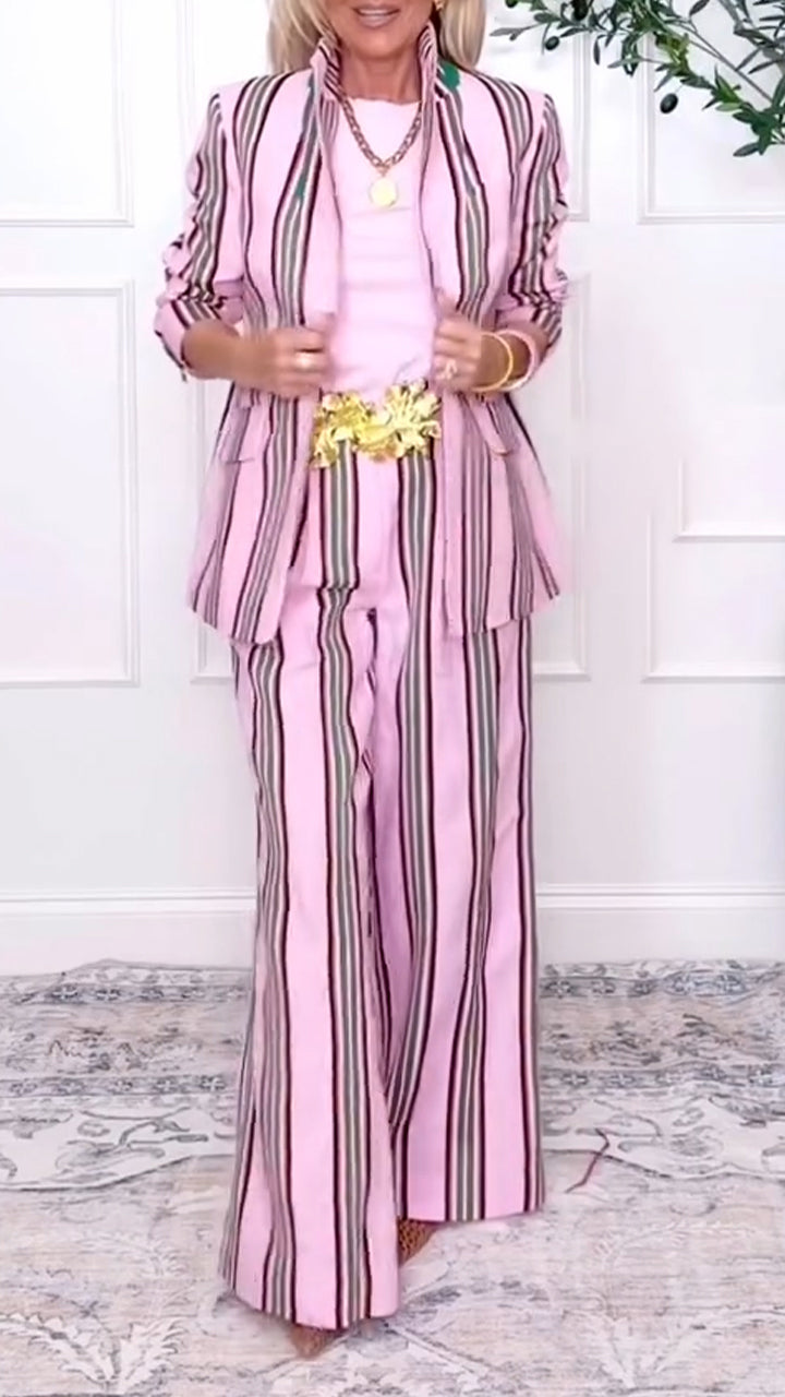 Women Collar Vertical Stripe Jacket + Pants Temperament Commuting Suit