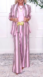 Women Collar Vertical Stripe Jacket + Pants Temperament Commuting Suit