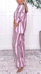 Women Collar Vertical Stripe Jacket + Pants Temperament Commuting Suit