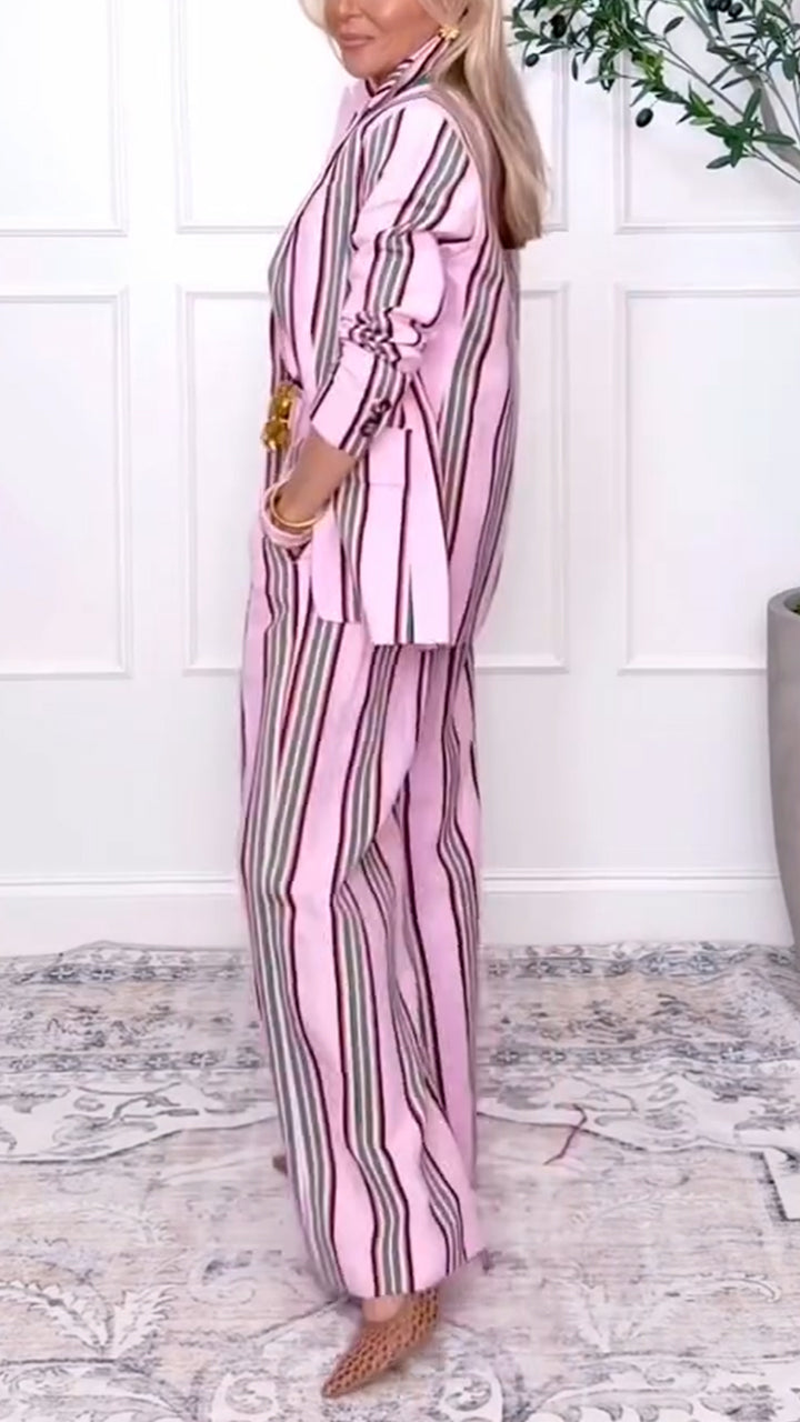 Women Collar Vertical Stripe Jacket + Pants Temperament Commuting Suit