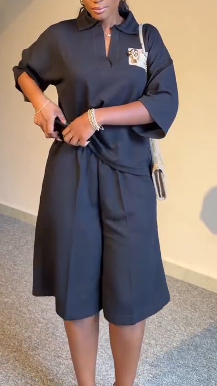 Women Flared Elbow-Length Sleeve Top + Pants Casual Set