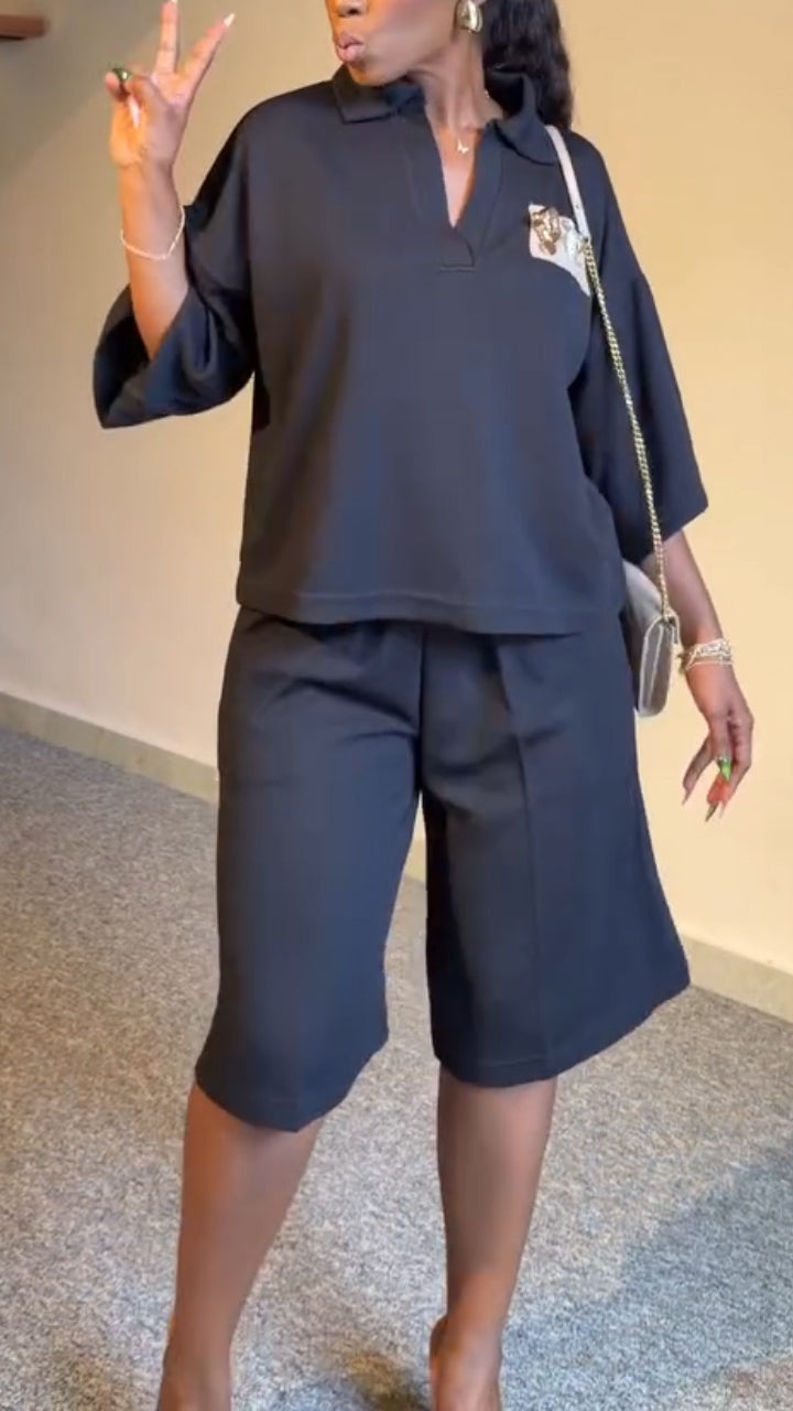 Women Flared Elbow-Length Sleeve Top + Pants Casual Set