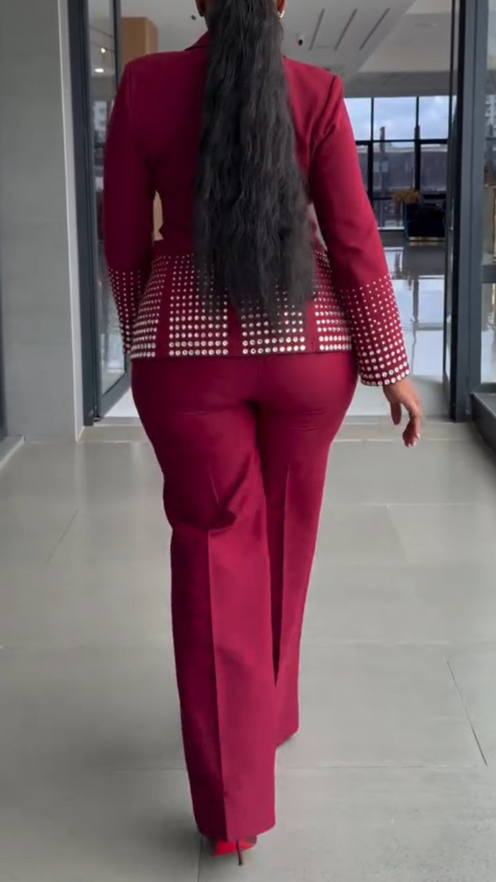 Women Collar Hot Diamond Jacket + Pants Temperament Commuting Set