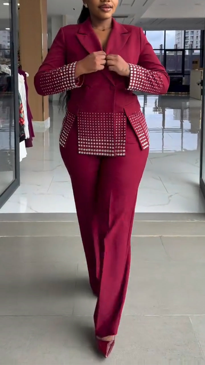 Women Collar Hot Diamond Jacket + Pants Temperament Commuting Set