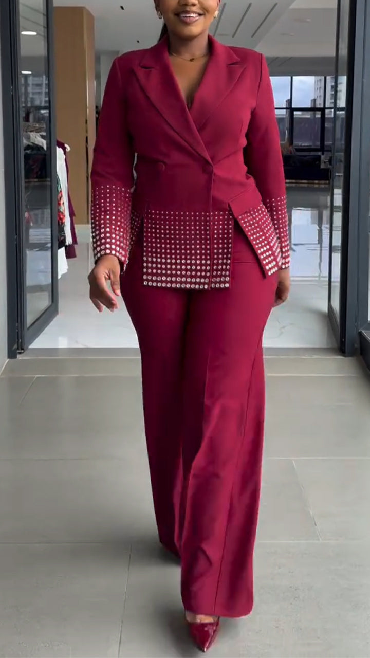 Women Collar Hot Diamond Jacket + Pants Temperament Commuting Set