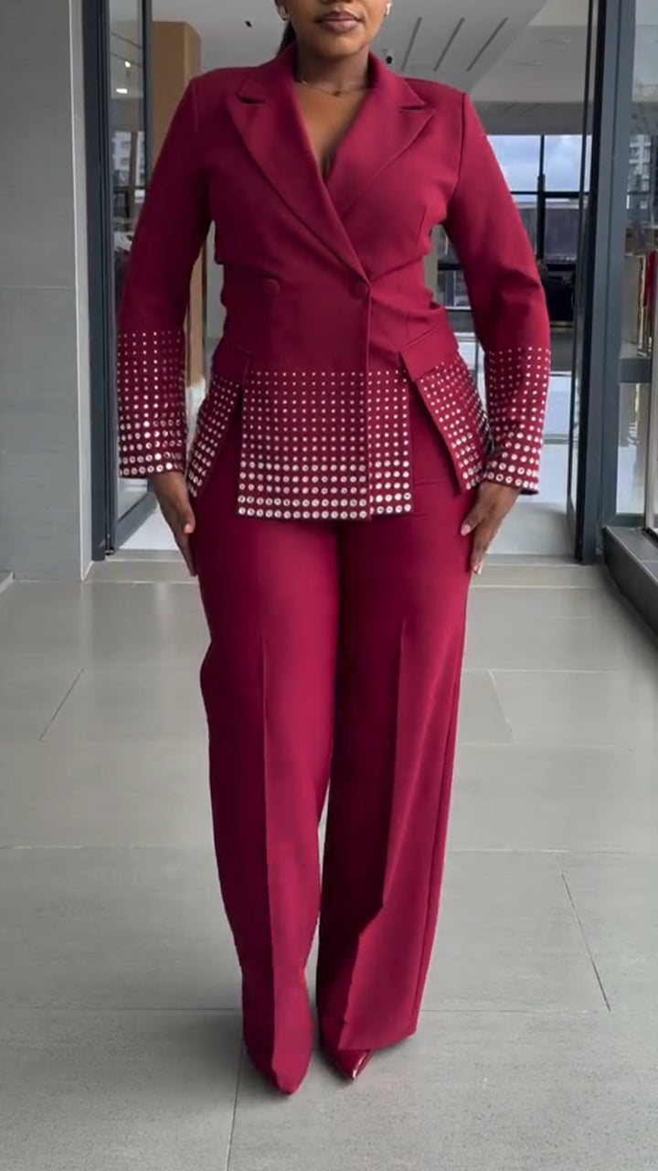 Women Collar Hot Diamond Jacket + Pants Temperament Commuting Set