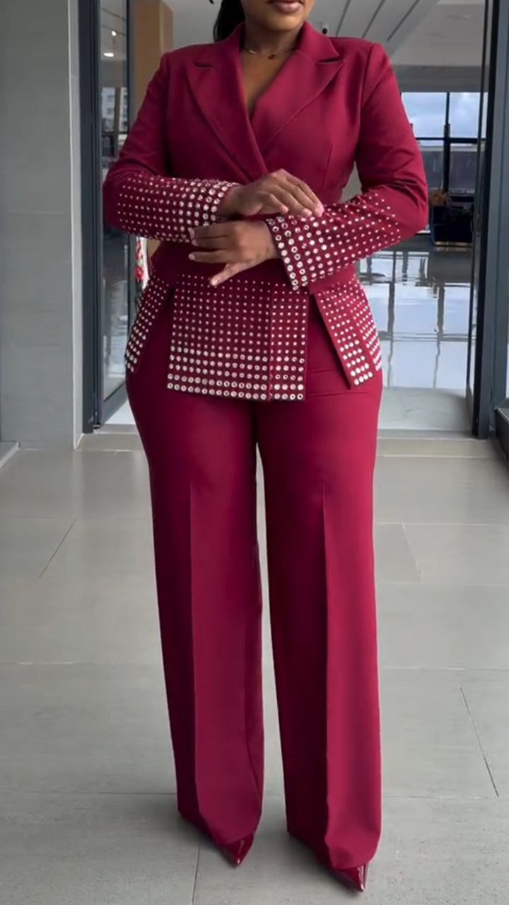 Women Collar Hot Diamond Jacket + Pants Temperament Commuting Set
