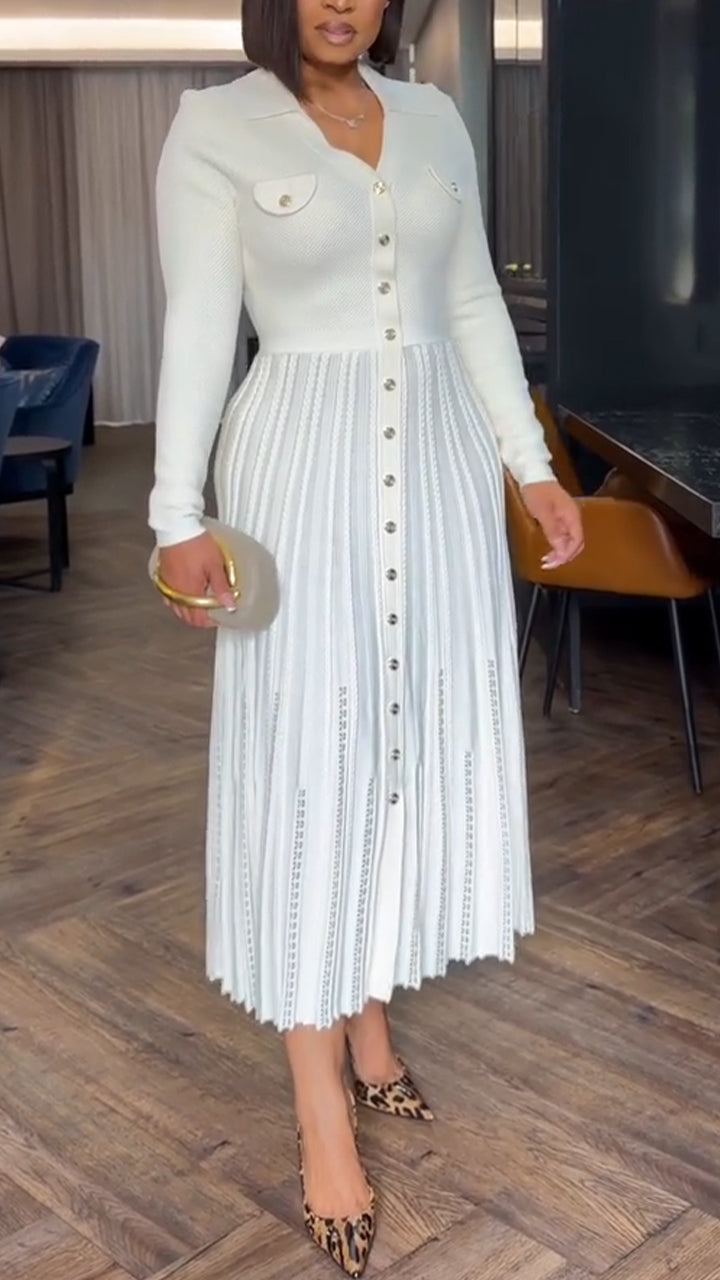 Women Collar Patchwork Buckle Elegant Casual Dress