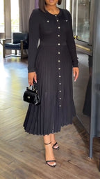 Women Round Neck Patchwork Buckle Elegant Casual Dress