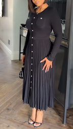 Women Round Neck Patchwork Buckle Elegant Casual Dress