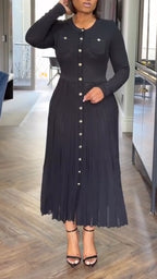 Women Round Neck Patchwork Buckle Elegant Casual Dress
