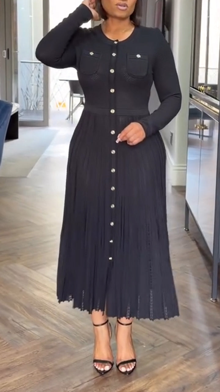 Women Round Neck Patchwork Buckle Elegant Casual Dress
