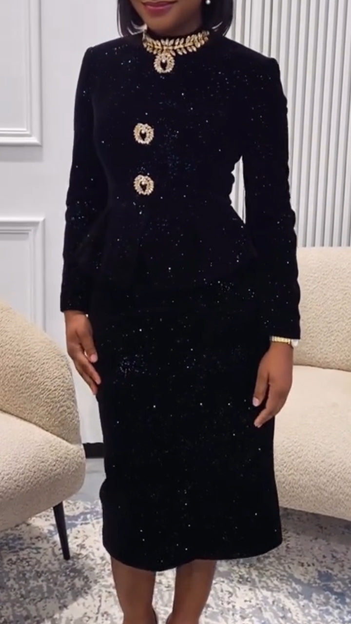 Women Round Neck Long Sleeved Nail Diamond Waist Cinching Elegant Temperament Dress