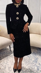 Women Round Neck Long Sleeved Nail Diamond Waist Cinching Elegant Temperament Dress