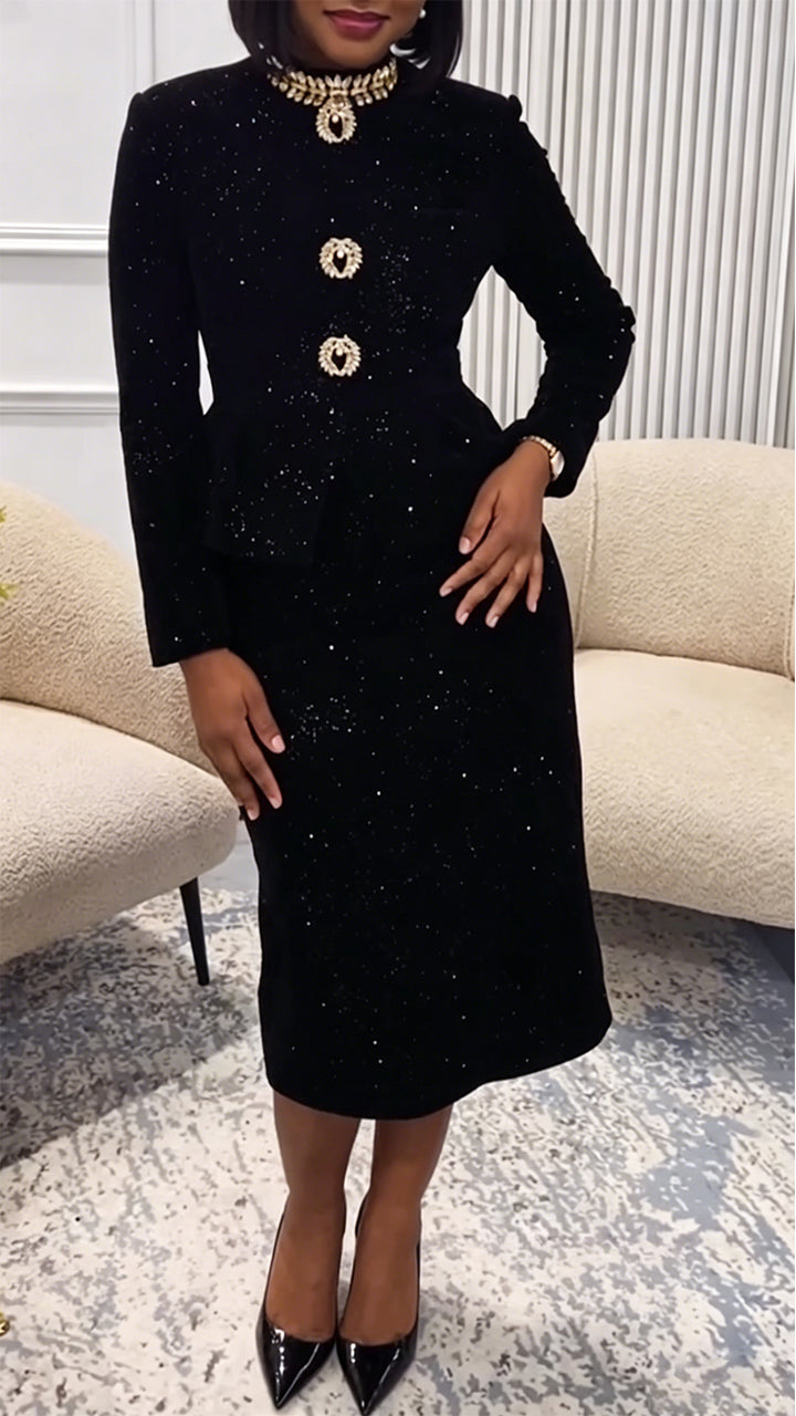 Women Round Neck Long Sleeved Nail Diamond Waist Cinching Elegant Temperament Dress