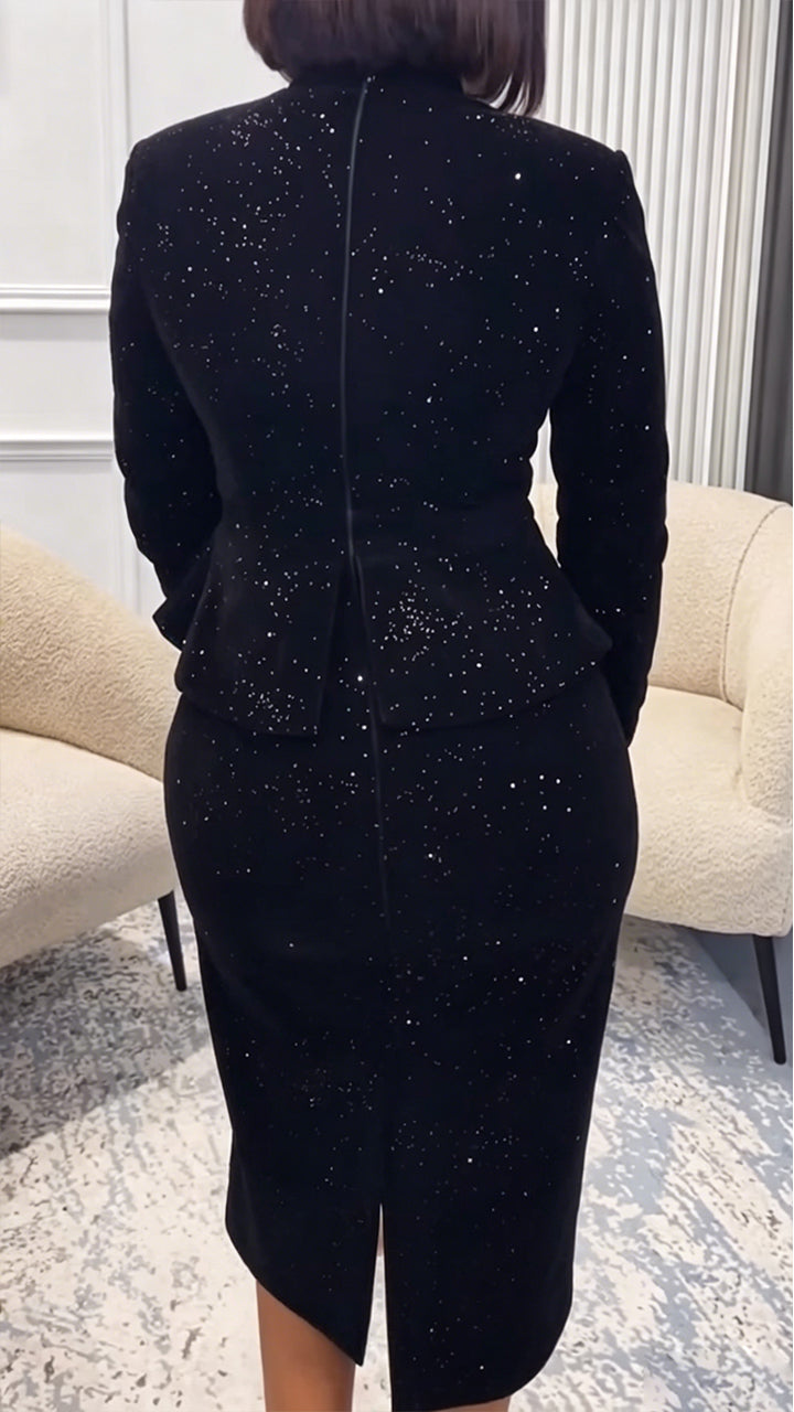 Women Round Neck Long Sleeved Nail Diamond Waist Cinching Elegant Temperament Dress