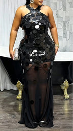 Women Neck Hanging Patchwork Sequin Elegant Temperament Dinner Party Style Dress