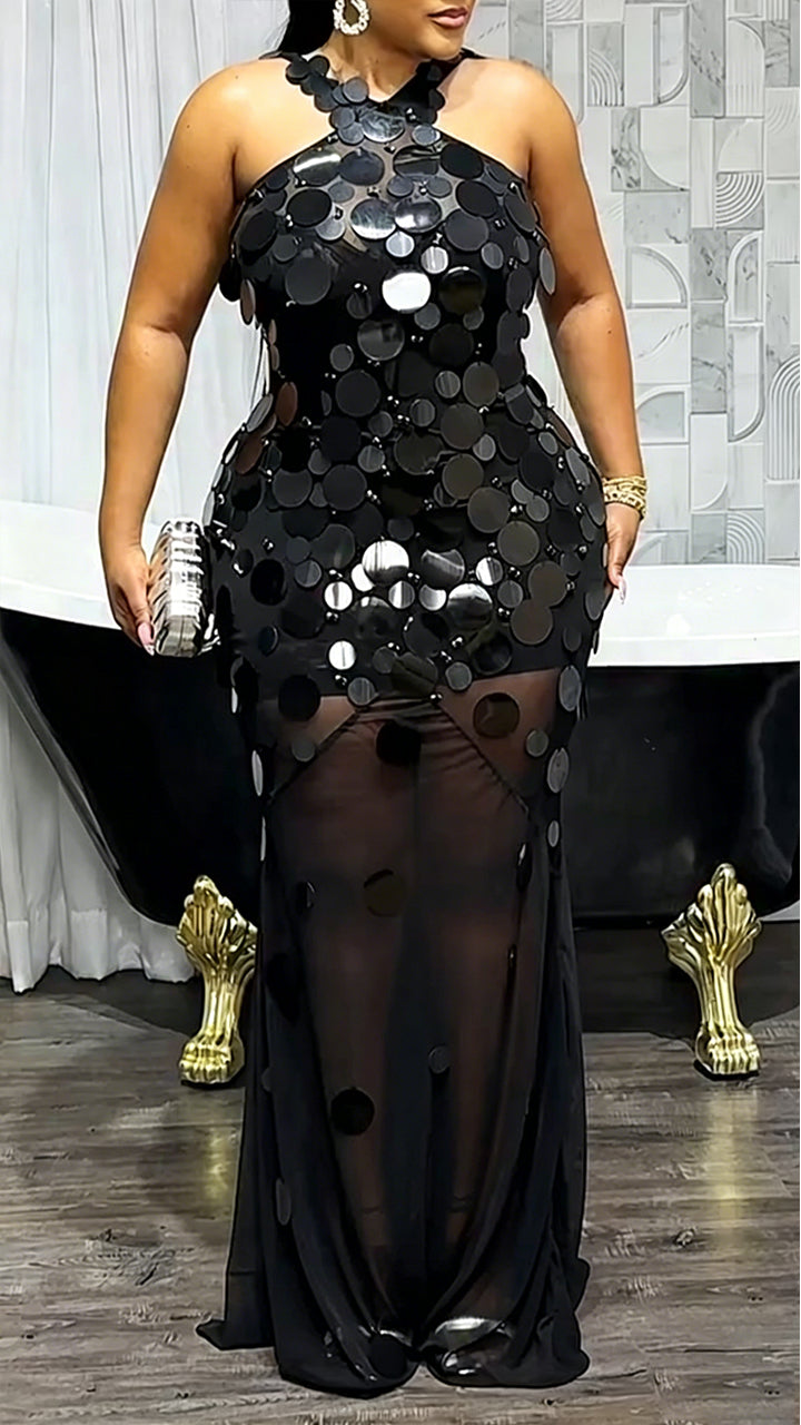 Women Neck Hanging Patchwork Sequin Elegant Temperament Dinner Party Style Dress