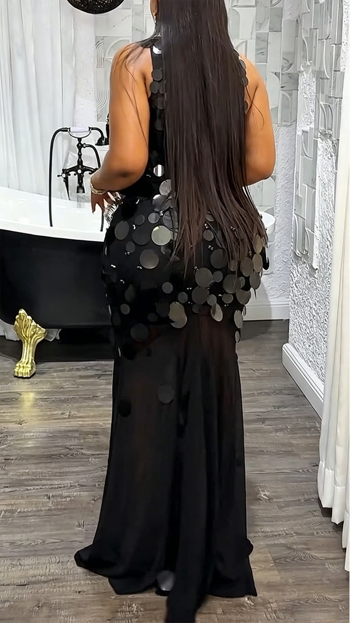 Women Neck Hanging Patchwork Sequin Elegant Temperament Dinner Party Style Dress