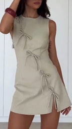 Women Round Neck Sleeveless Bow Tied Casual Dress