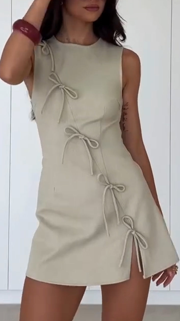 Women Round Neck Sleeveless Bow Tied Casual Dress