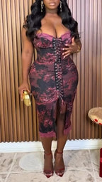 Women Suspender Waist Cinching Strap Printed Slit Sexy Temperament Dress
