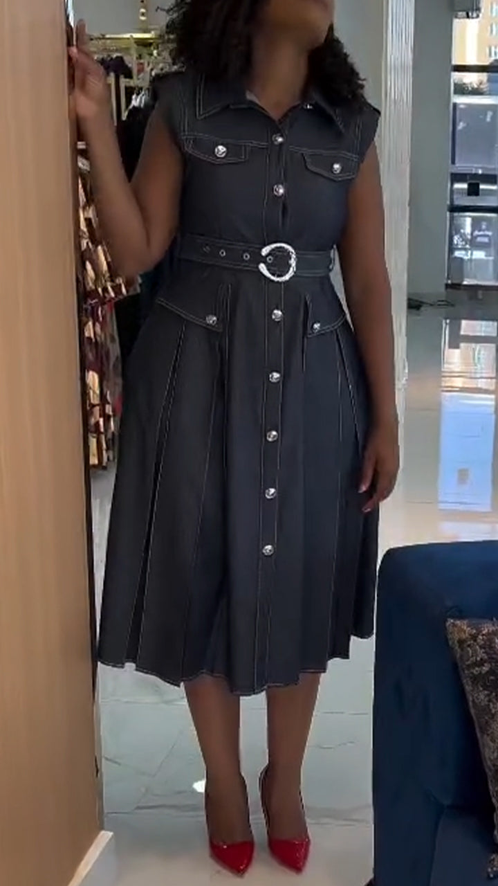 Womens Lapel Button-down Waist Casual Dress