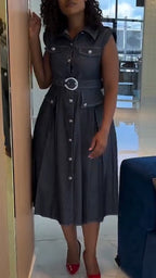 Womens Lapel Button-down Waist Casual Dress