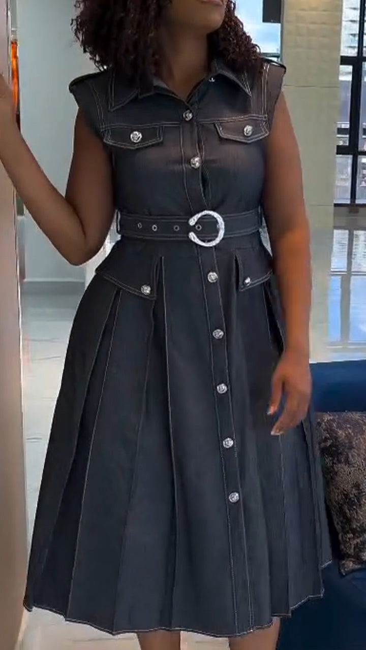 Womens Lapel Button-down Waist Casual Dress