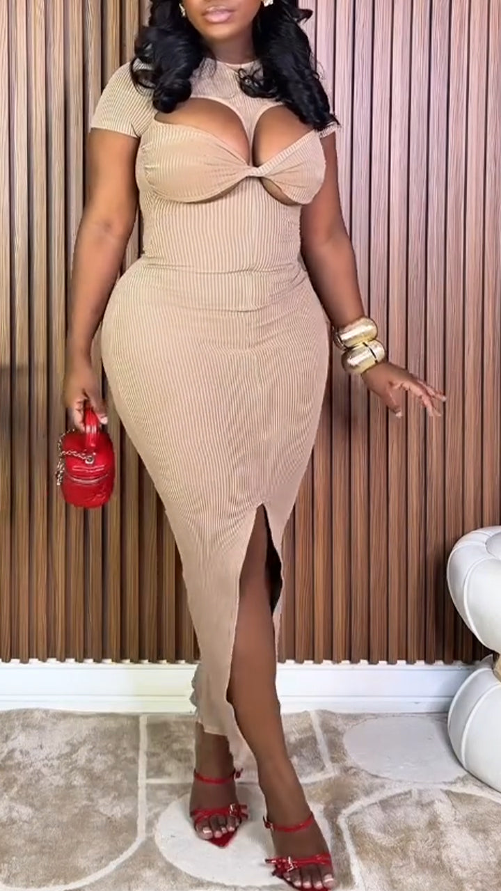 Women Round Neck Patchwork Hollow Waist Solid Color Sexy Casual Dress