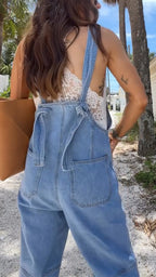 Women Shoulder Strap Patchwork Pocket Casual Denim Jumpsuit